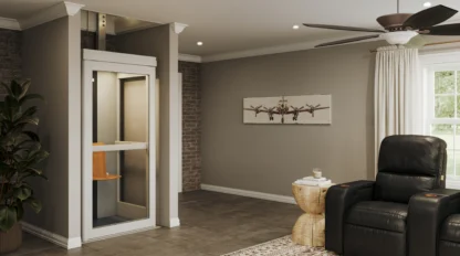 Pollock Residential Elevator in Living room with painting on the wall and part of a black couch.