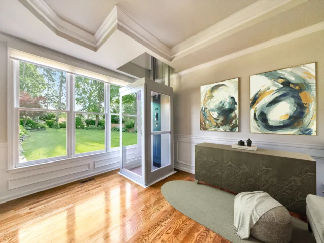 Residential Elevator in furnished, brightly lit first floor living room