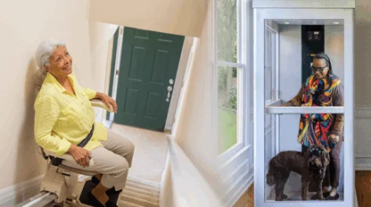 A split photo showing a woman on a stairlift with a green door in the background and a woman with her dog in her residential elevator