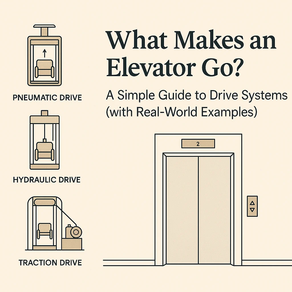 Graphic of three types of elevator drives drawn in a simple fashion with the blog title and the front of a traditional elevator