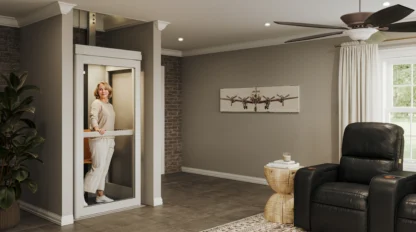 Woman in white rides in her elevator.