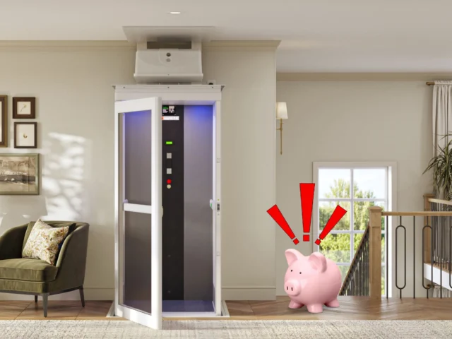 Pollock Elevator with Piggy Bank with three red exclamation marks over its head.