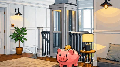 Cartoon illustration of a modern upstairs landing with a sleek home elevator. A pink piggy bank with a coin on top sits in front of the elevator, symbolizing savings. The space features white paneled walls, black stair railings, a potted plant, warm wall lights, and a small side table with a lamp.