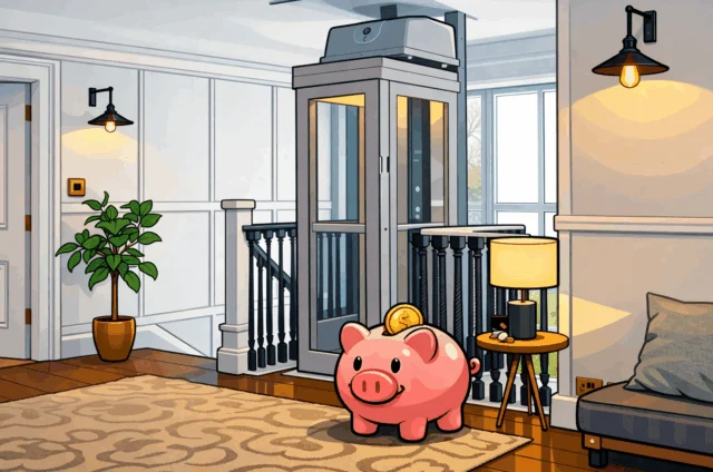 Cartoon illustration of a modern upstairs landing with a sleek home elevator. A pink piggy bank with a coin on top sits in front of the elevator, symbolizing savings. The space features white paneled walls, black stair railings, a potted plant, warm wall lights, and a small side table with a lamp.