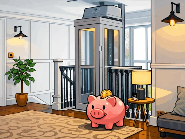 Cartoon illustration of a modern upstairs landing with a sleek home elevator. A pink piggy bank with a coin on top sits in front of the elevator, symbolizing savings. The space features white paneled walls, black stair railings, a potted plant, warm wall lights, and a small side table with a lamp.