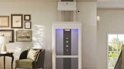 A shaftless, white elevator rises between two floors with a purple glow coming from the cabin ceiling.