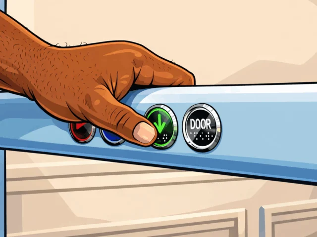 Cartoon-style illustration of a person pressing the illuminated green down button on a residential elevator grab bar, featuring integrated control buttons and a “door” button, showcasing accessible in-cabin elevator controls.