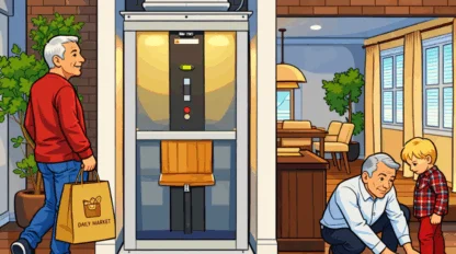 Cartoon illustration of a senior man using a home elevator in a modern living space while another older adult helps a young child tie his shoes, showcasing family-friendly home accessibility and safe residential elevator design.