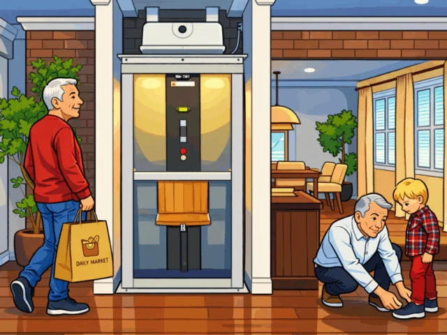 Cartoon illustration of a senior man using a home elevator in a modern living space while another older adult helps a young child tie his shoes, showcasing family-friendly home accessibility and safe residential elevator design.