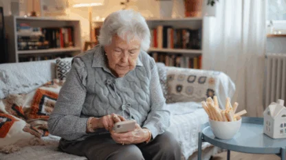 An older woman with grey, curly hair sits on her couch wearing a grey sweater. She is using her phone, while leaning over using her legs to support her upper body.