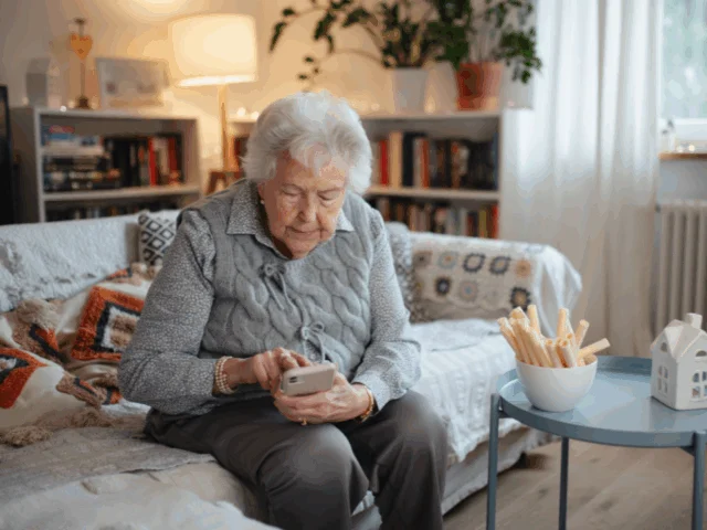 An older woman with grey, curly hair sits on her couch wearing a grey sweater. She is using her phone, while leaning over using her legs to support her upper body.