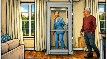 Comic-style illustration of an older couple in a bright, modern living room with a compact shaftless home elevator. A woman in a light blue pantsuit stands inside the elevator holding a safety bar and smiling, while a man in a maroon sweater walks toward her carrying a shopping bag. Large windows with cream curtains, hardwood floors, and soft natural light create a warm, inviting atmosphere that emphasizes aging in place and home accessibility.