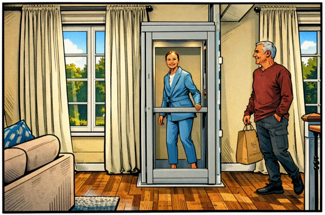 Comic-style illustration of an older couple in a bright, modern living room with a compact shaftless home elevator. A woman in a light blue pantsuit stands inside the elevator holding a safety bar and smiling, while a man in a maroon sweater walks toward her carrying a shopping bag. Large windows with cream curtains, hardwood floors, and soft natural light create a warm, inviting atmosphere that emphasizes aging in place and home accessibility.