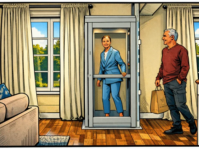 Comic-style illustration of an older couple in a bright, modern living room with a compact shaftless home elevator. A woman in a light blue pantsuit stands inside the elevator holding a safety bar and smiling, while a man in a maroon sweater walks toward her carrying a shopping bag. Large windows with cream curtains, hardwood floors, and soft natural light create a warm, inviting atmosphere that emphasizes aging in place and home accessibility.