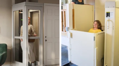 Side-by-side comparison of a modern residential home elevator with glass panels and a vertical platform lift (VPL) in a garage setting, highlighting design differences between a sleek in-home elevator and a functional wheelchair lift for accessibility.