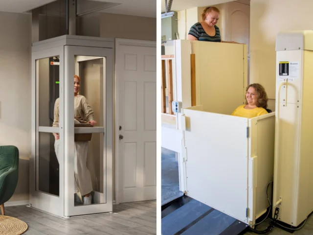 Side-by-side comparison of a modern residential home elevator with glass panels and a vertical platform lift (VPL) in a garage setting, highlighting design differences between a sleek in-home elevator and a functional wheelchair lift for accessibility.