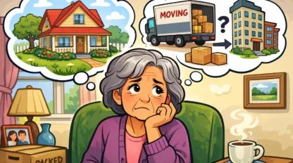 Illustration of an older woman sitting in a chair with two dream bubbles over her head. She looks concerned: One bubble has an image of her home and the other with a moving truck.