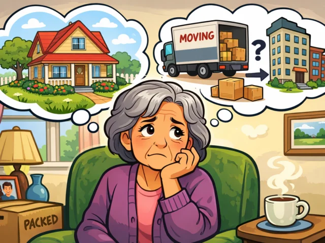 Illustration of an older woman sitting in a chair with two dream bubbles over her head. She looks concerned: One bubble has an image of her home and the other with a moving truck.
