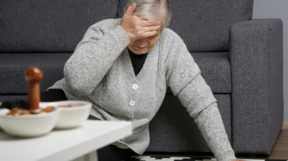 Senior woman in grey cardigan sits on the floor in front of her dark grey couch, holding her head as if she's fallen.