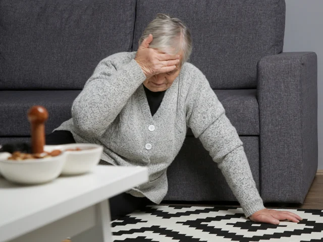 Senior woman in grey cardigan sits on the floor in front of her dark grey couch, holding her head as if she's fallen.