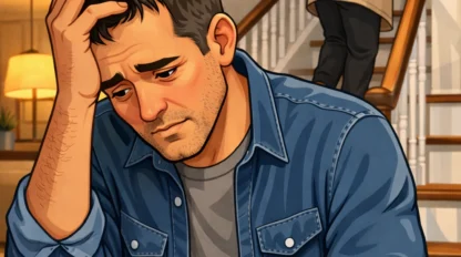 Cartoon illustration of a tired, stressed middle-aged caregiver sitting on stairs with his head in his hand while his elderly mother carefully walks upstairs, highlighting caregiver exhaustion and burnout.