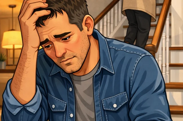 Cartoon illustration of a tired, stressed middle-aged caregiver sitting on stairs with his head in his hand while his elderly mother carefully walks upstairs, highlighting caregiver exhaustion and burnout.