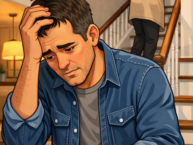Cartoon illustration of a tired, stressed middle-aged caregiver sitting on stairs with his head in his hand while his elderly mother carefully walks upstairs, highlighting caregiver exhaustion and burnout.