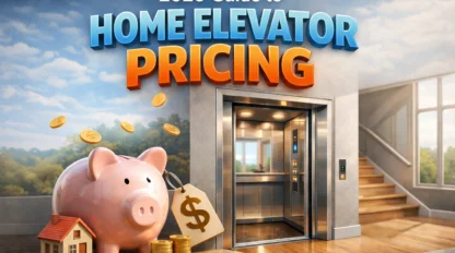 Home elevator pricing 2026 concept showing a residential elevator with piggy bank and coins representing cost and affordability.