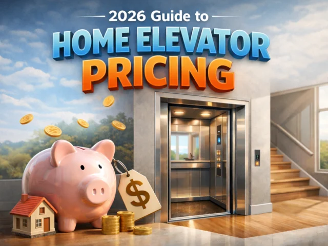 Home elevator pricing 2026 concept showing a residential elevator with piggy bank and coins representing cost and affordability.