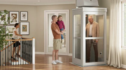 Older man riding a shaftless home elevator inside a residential living space while family members stand nearby, illustrating a stairlift alternative for safe, easy mobility.