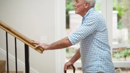 Older man holding the hook of his cane while looking up the stairs nervously.