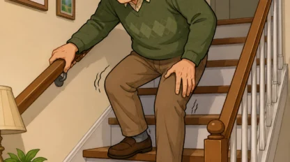 Cartoon illustration of an elderly man struggling to walk down a staircase inside his home while gripping the handrail for support. He appears unsteady and concerned, with motion lines emphasizing instability. Family photos, warm lighting, and wood stair details create a realistic home environment that highlights mobility and fall-risk challenges for seniors.
