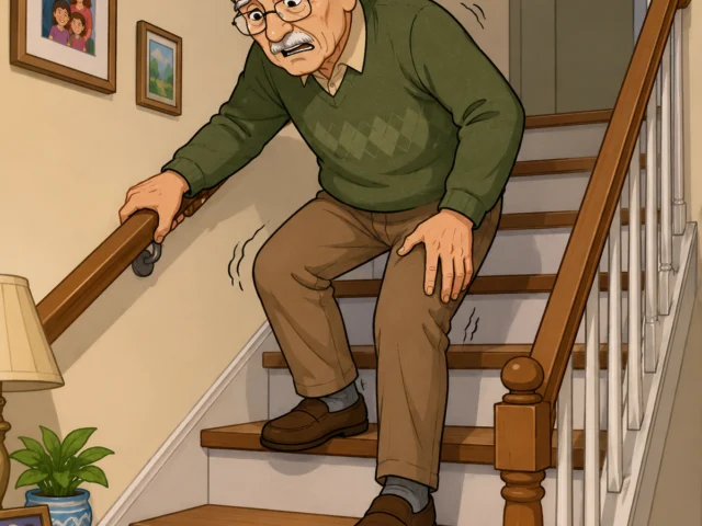 Cartoon illustration of an elderly man struggling to walk down a staircase inside his home while gripping the handrail for support. He appears unsteady and concerned, with motion lines emphasizing instability. Family photos, warm lighting, and wood stair details create a realistic home environment that highlights mobility and fall-risk challenges for seniors.