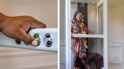 Woman riding a compact Pollock residential home elevator while pressing the elevator controls, demonstrating safe, accessible floor-to-floor mobility for aging in place.