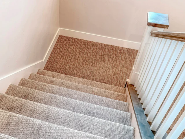 Carpeted residential staircase with a handrail, highlighting home safety and fall prevention for older adults.
