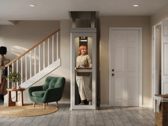 A woman in white stands in her lit home elevator, which sits between stairs and a closet.