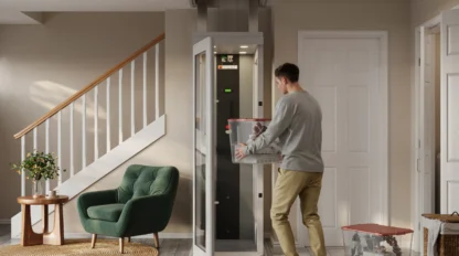 Man loading storage bins into a compact Pollock home elevator beside a staircase in a modern home.