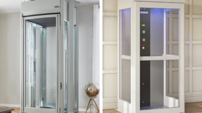 Two white home elevators side-by-side for comparison.